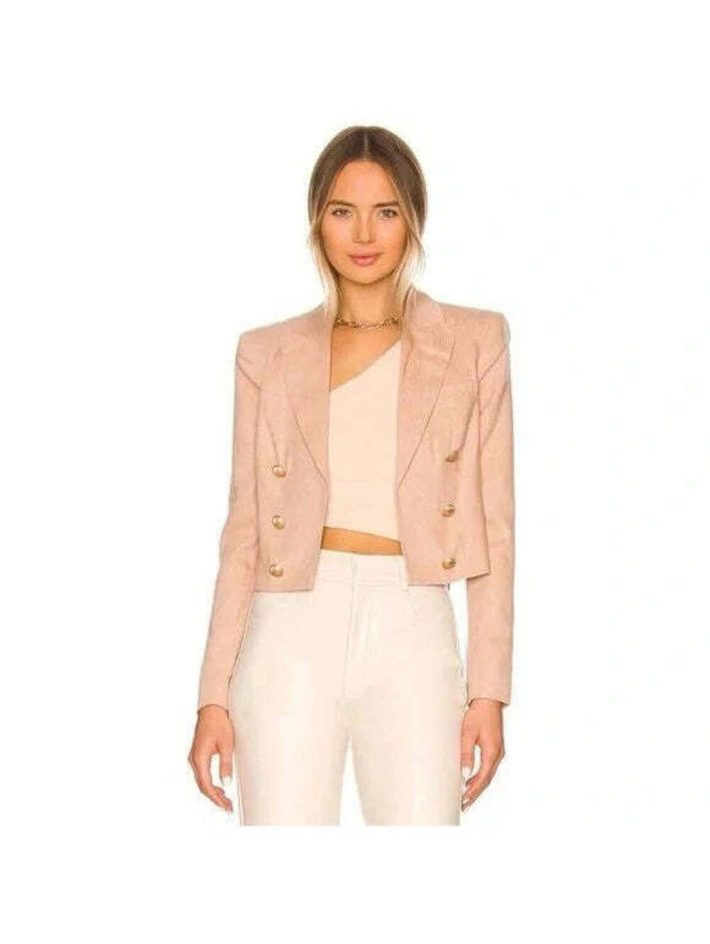 L'AGENCE Inez Metallic Pinstripe Cropped Double-Breasted Blazer in Biscuit sz 10